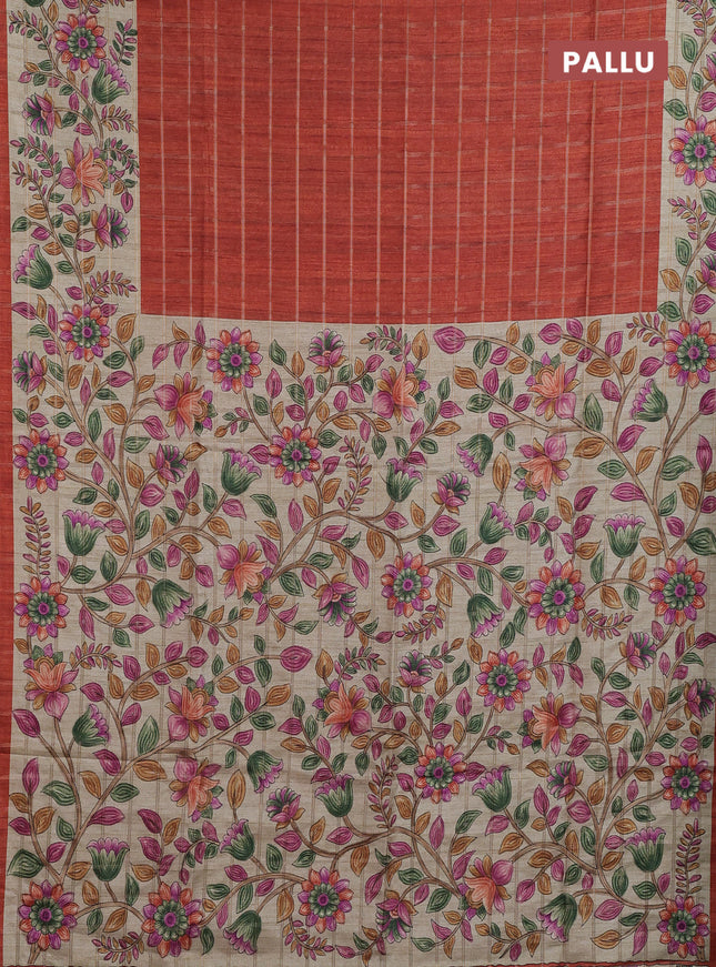 Semi tussar saree rust shade and beige with allover zari checked pattern and kalamkari printed pallu