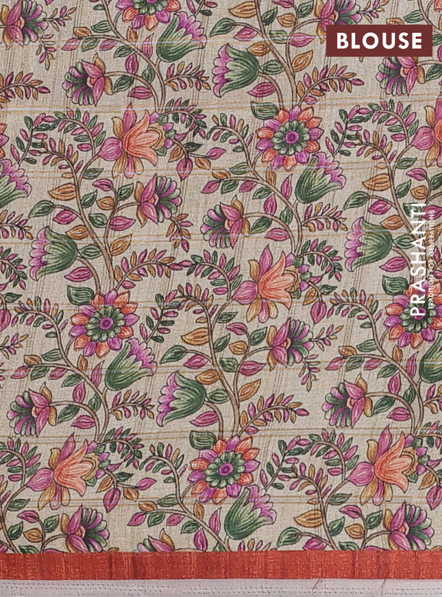 Semi tussar saree rust shade and beige with allover zari checked pattern and kalamkari printed pallu