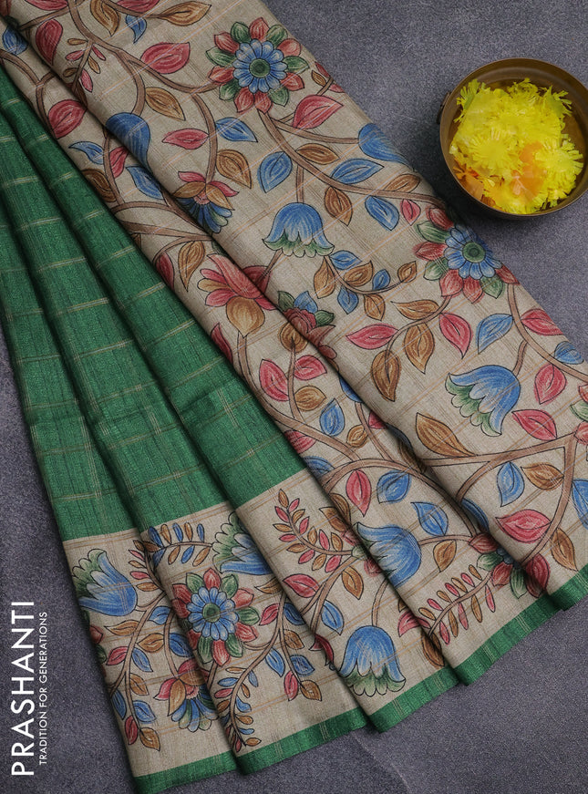 Semi tussar saree green and beige with allover zari checked pattern and kalamkari printed pallu