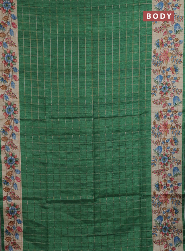 Semi tussar saree green and beige with allover zari checked pattern and kalamkari printed pallu