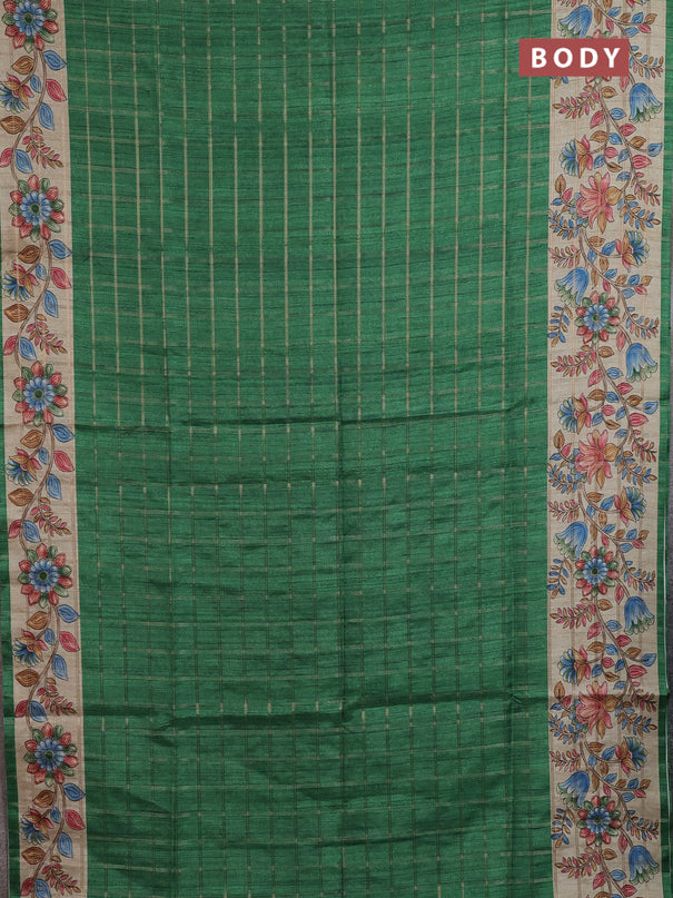Semi tussar saree green and beige with allover zari checked pattern and kalamkari printed pallu