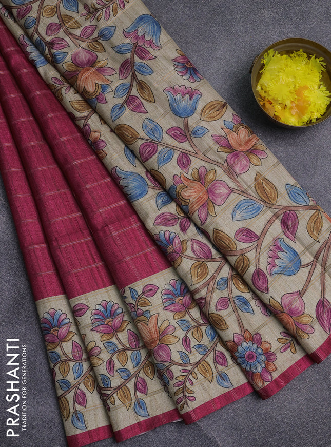 Semi tussar saree pink and beige with allover zari checked pattern and kalamkari printed pallu
