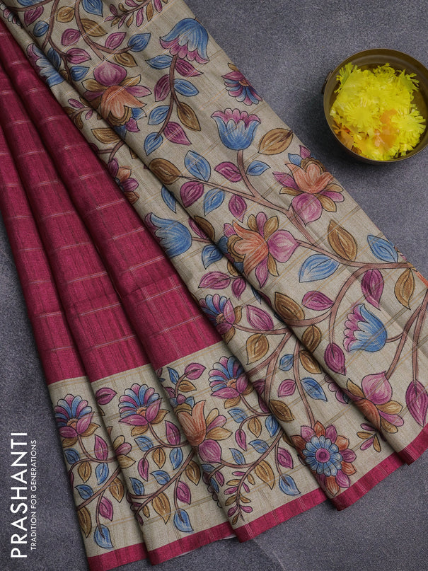 Semi tussar saree pink and beige with allover zari checked pattern and kalamkari printed pallu