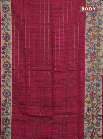 Semi tussar saree pink and beige with allover zari checked pattern and kalamkari printed pallu