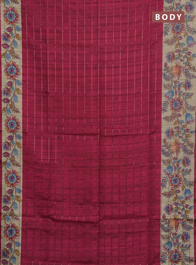 Semi tussar saree pink and beige with allover zari checked pattern and kalamkari printed pallu