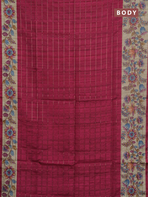 Semi tussar saree pink and beige with allover zari checked pattern and kalamkari printed pallu
