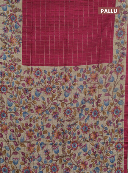Semi tussar saree pink and beige with allover zari checked pattern and kalamkari printed pallu