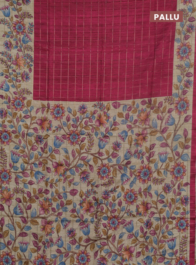 Semi tussar saree pink and beige with allover zari checked pattern and kalamkari printed pallu