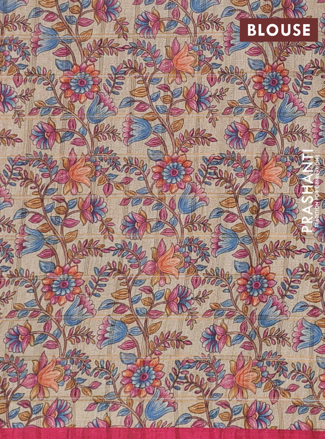 Semi tussar saree pink and beige with allover zari checked pattern and kalamkari printed pallu