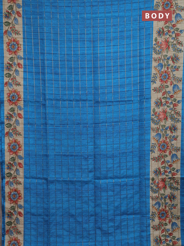 Semi tussar saree cs blue and beige with allover zari checked pattern and kalamkari printed pallu