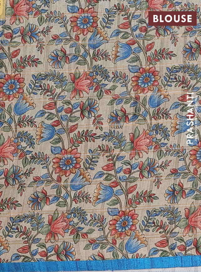 Semi tussar saree cs blue and beige with allover zari checked pattern and kalamkari printed pallu