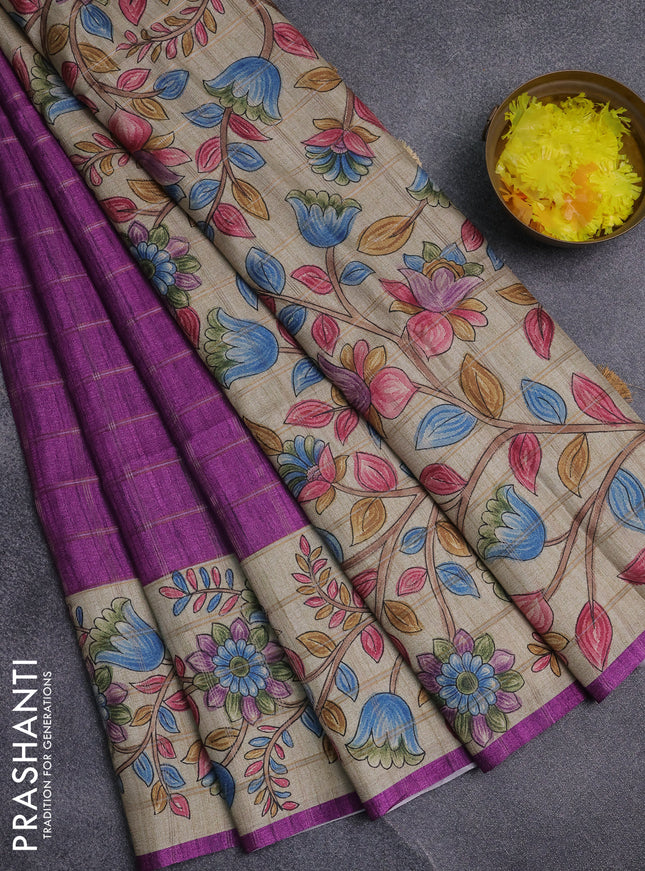 Semi tussar saree purple and beige with allover zari checked pattern and kalamkari printed pallu