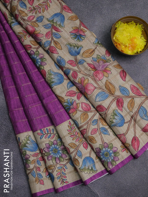 Semi tussar saree purple and beige with allover zari checked pattern and kalamkari printed pallu