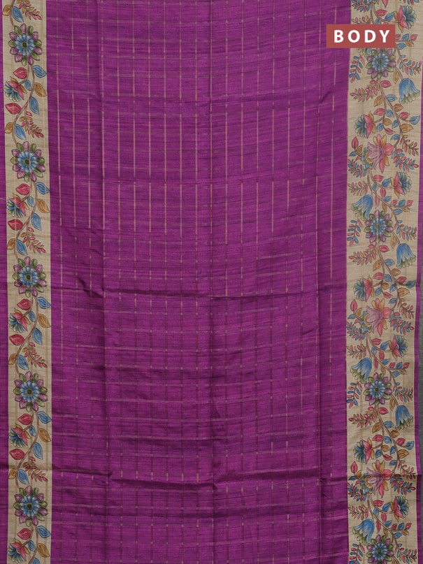 Semi tussar saree purple and beige with allover zari checked pattern and kalamkari printed pallu