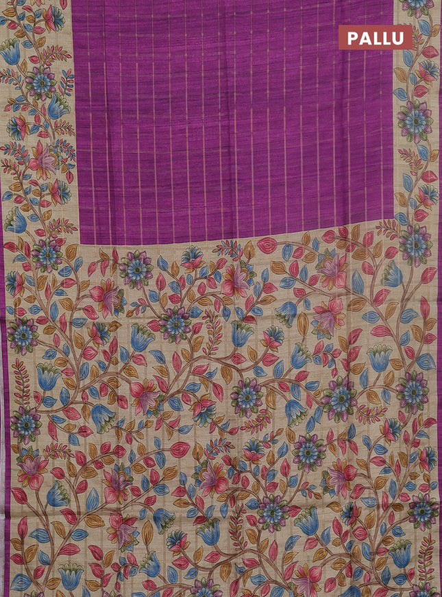 Semi tussar saree purple and beige with allover zari checked pattern and kalamkari printed pallu