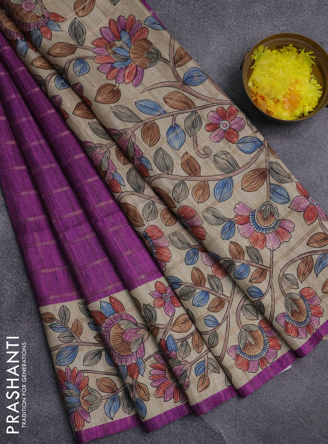Semi tussar saree purple and beige with allover zari checked pattern and kalamkari printed pallu