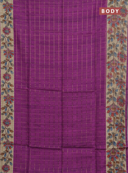 Semi tussar saree purple and beige with allover zari checked pattern and kalamkari printed pallu