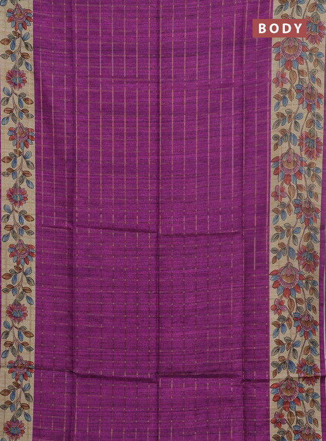 Semi tussar saree purple and beige with allover zari checked pattern and kalamkari printed pallu