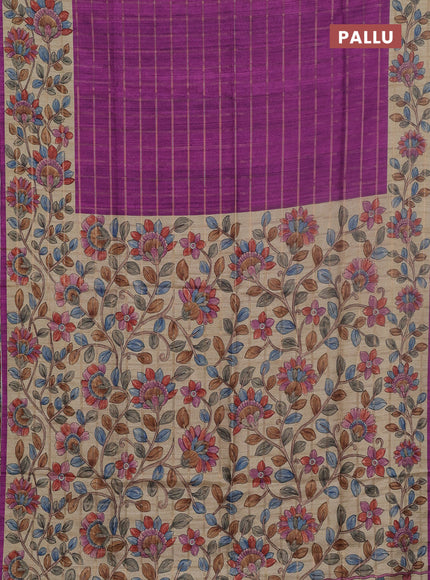 Semi tussar saree purple and beige with allover zari checked pattern and kalamkari printed pallu