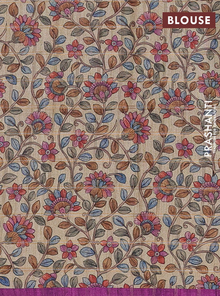 Semi tussar saree purple and beige with allover zari checked pattern and kalamkari printed pallu