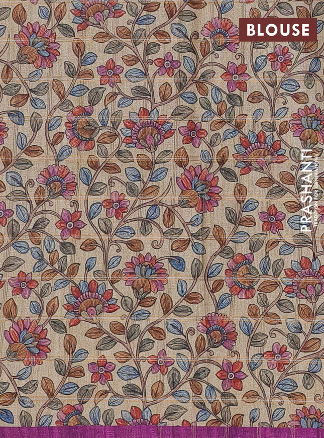 Semi tussar saree purple and beige with allover zari checked pattern and kalamkari printed pallu