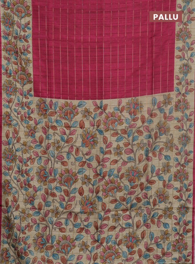 Semi tussar saree pink and beige with allover zari checked pattern and kalamkari printed pallu