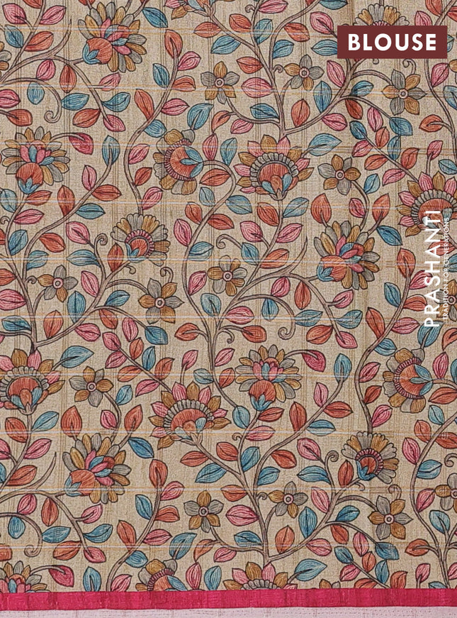 Semi tussar saree pink and beige with allover zari checked pattern and kalamkari printed pallu
