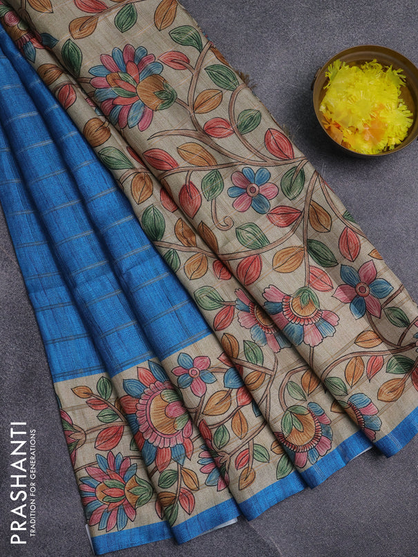 Semi tussar saree cs blue and beige with allover zari checked pattern and kalamkari printed pallu