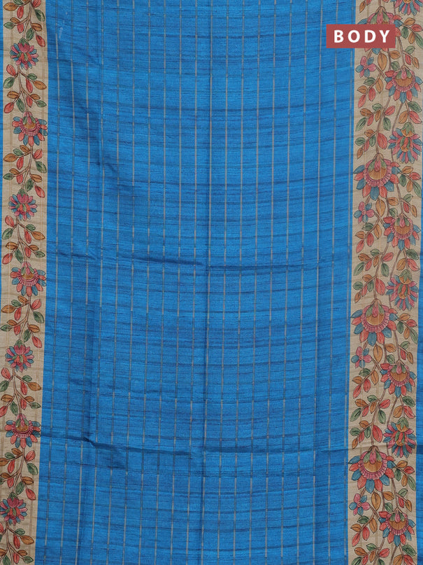 Semi tussar saree cs blue and beige with allover zari checked pattern and kalamkari printed pallu