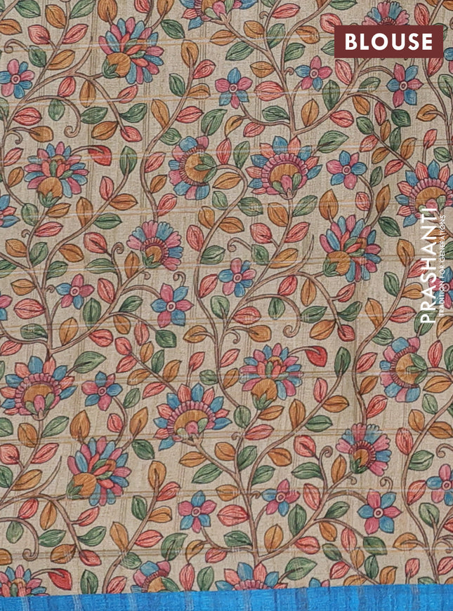 Semi tussar saree cs blue and beige with allover zari checked pattern and kalamkari printed pallu