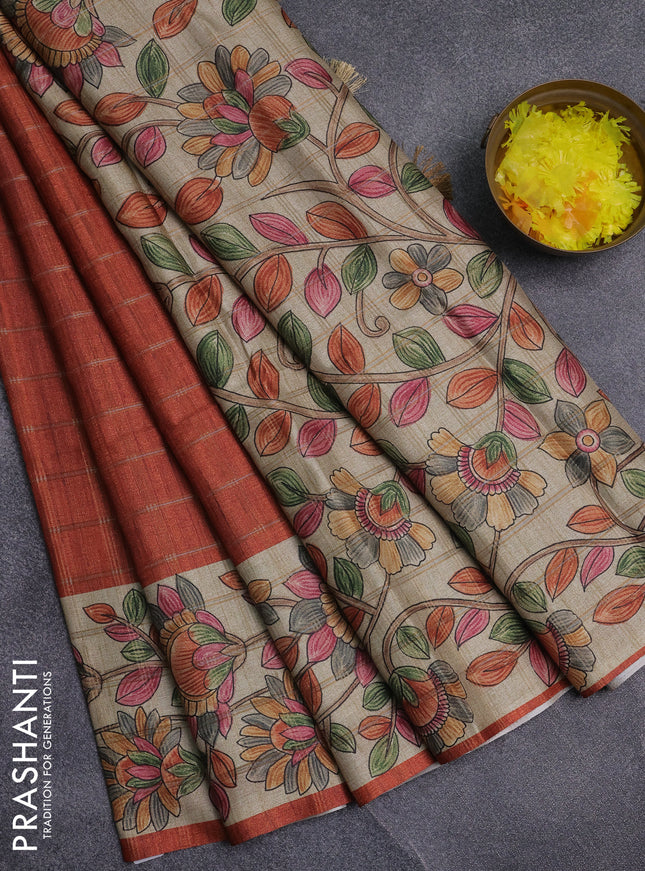 Semi tussar saree rust shade and beige with allover zari checked pattern and kalamkari printed pallu