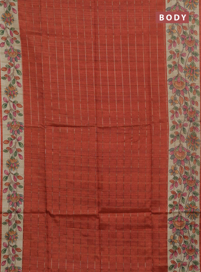 Semi tussar saree rust shade and beige with allover zari checked pattern and kalamkari printed pallu