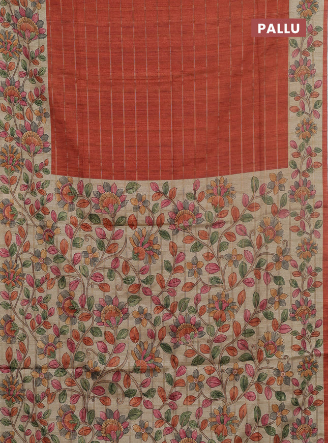 Semi tussar saree rust shade and beige with allover zari checked pattern and kalamkari printed pallu