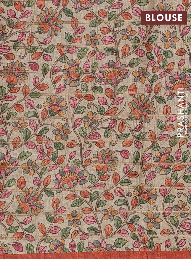 Semi tussar saree rust shade and beige with allover zari checked pattern and kalamkari printed pallu