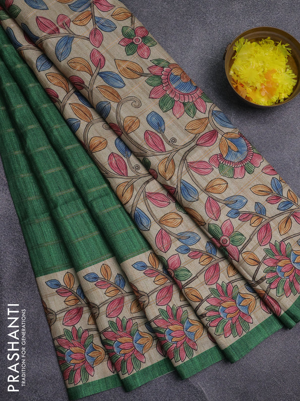 Semi tussar saree green and beige with allover zari checked pattern and kalamkari printed pallu