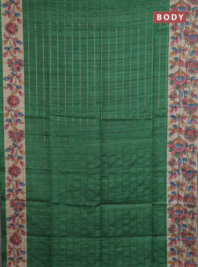 Semi tussar saree green and beige with allover zari checked pattern and kalamkari printed pallu