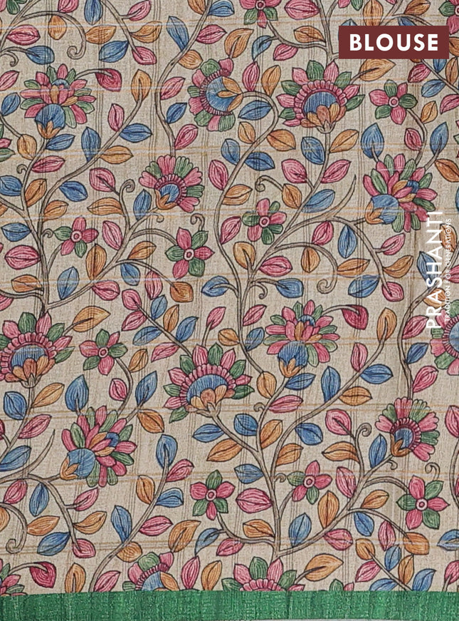 Semi tussar saree green and beige with allover zari checked pattern and kalamkari printed pallu