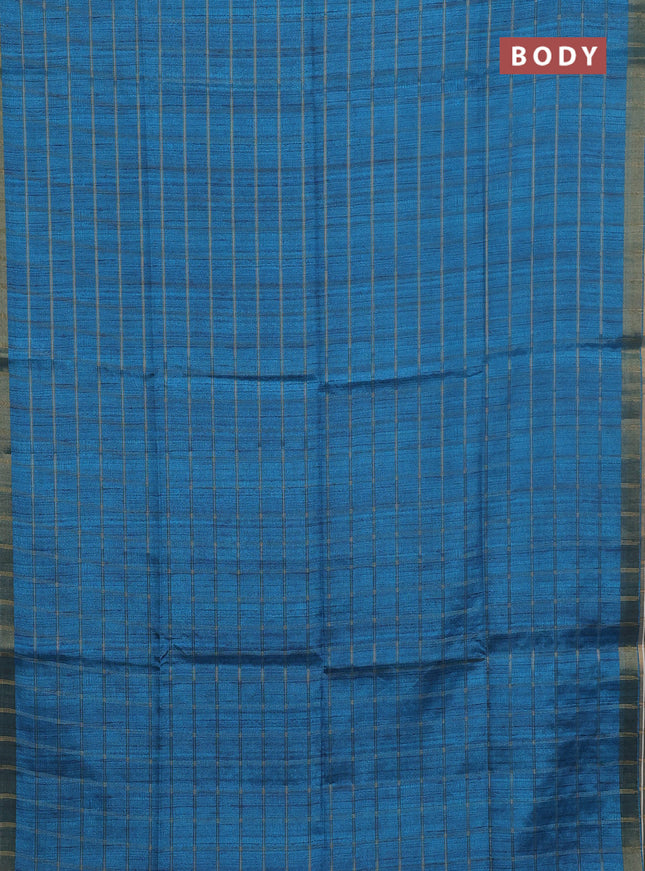 Semi tussar saree cs blue and beige with allover zari checked pattern and kalamkari printed pallu