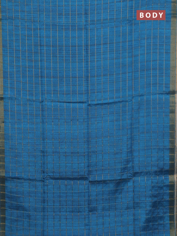 Semi tussar saree cs blue and beige with allover zari checked pattern and kalamkari printed pallu