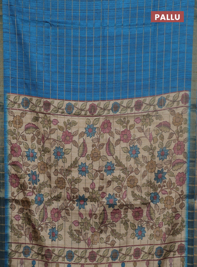 Semi tussar saree cs blue and beige with allover zari checked pattern and kalamkari printed pallu