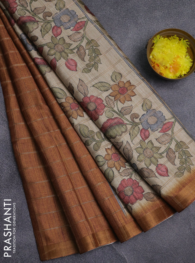 Semi tussar saree mustard yellow and beige with allover zari checked pattern and kalamkari printed pallu