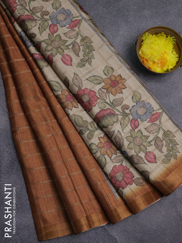 Semi tussar saree mustard yellow and beige with allover zari checked pattern and kalamkari printed pallu