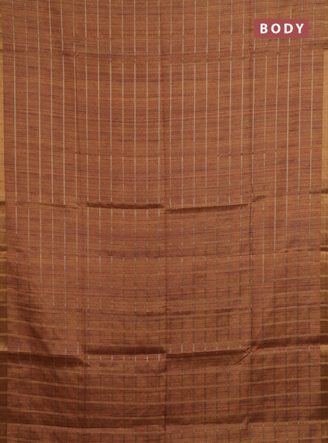 Semi tussar saree mustard yellow and beige with allover zari checked pattern and kalamkari printed pallu
