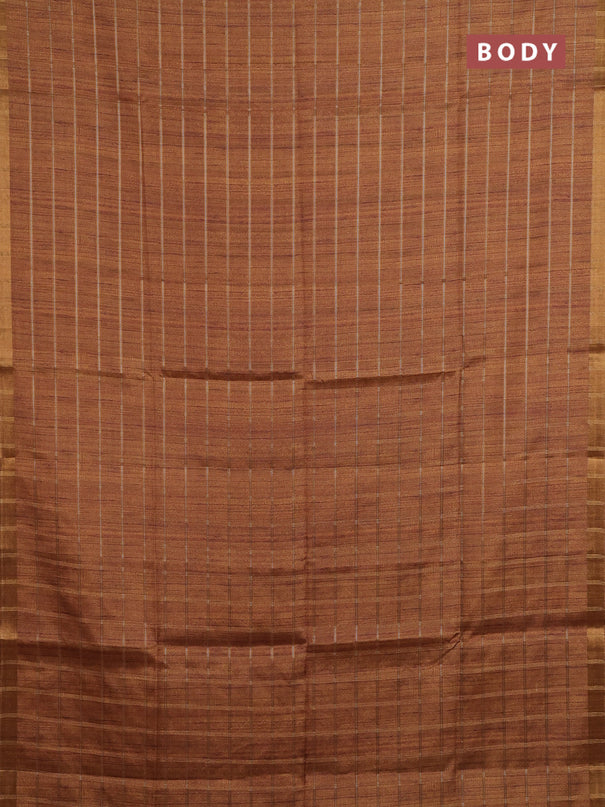 Semi tussar saree mustard yellow and beige with allover zari checked pattern and kalamkari printed pallu