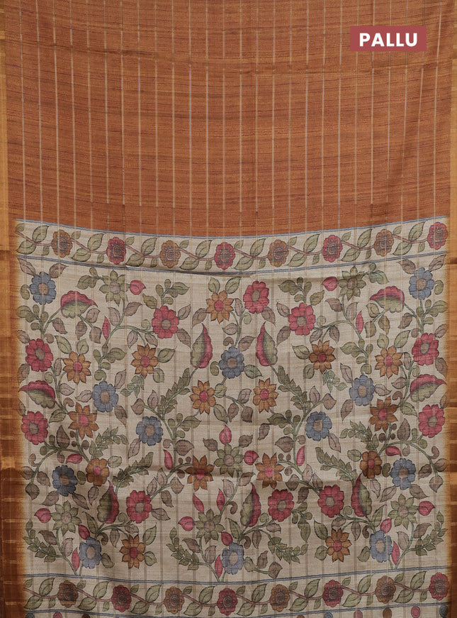 Semi tussar saree mustard yellow and beige with allover zari checked pattern and kalamkari printed pallu