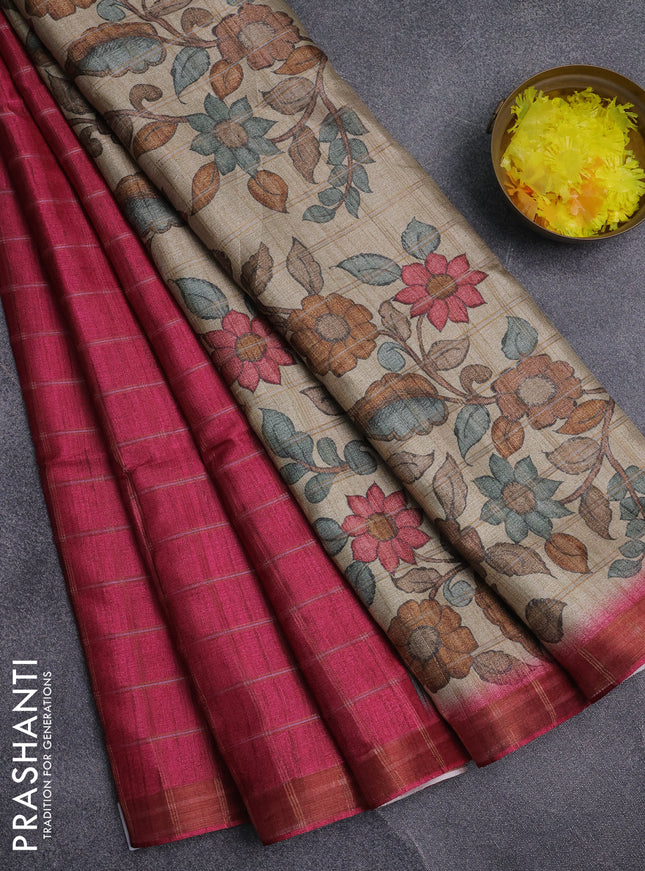 Semi tussar saree pink and beige with allover zari checked pattern and kalamkari printed pallu