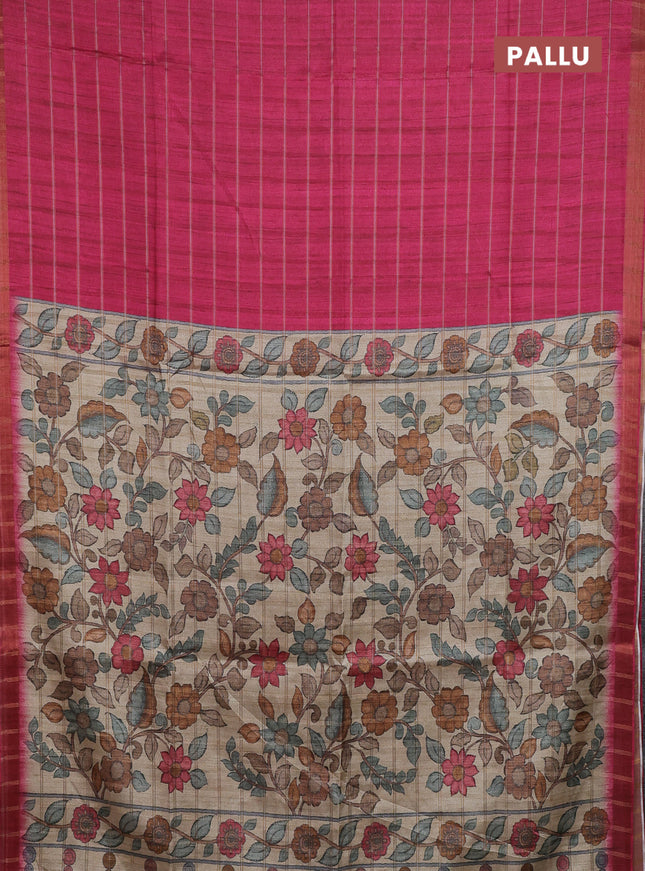 Semi tussar saree pink and beige with allover zari checked pattern and kalamkari printed pallu