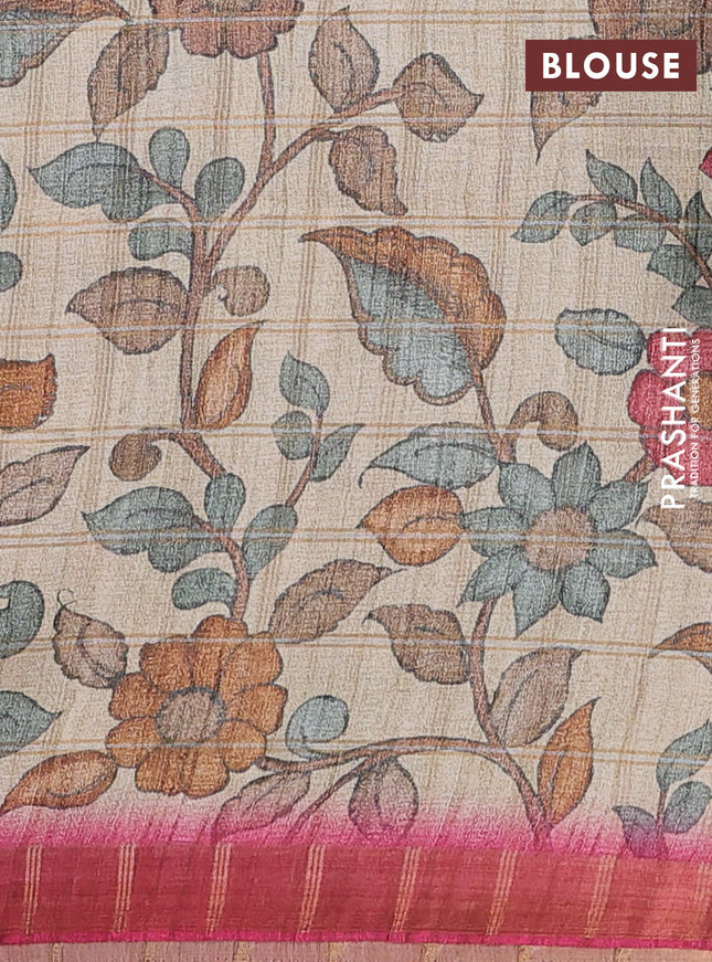 Semi tussar saree pink and beige with allover zari checked pattern and kalamkari printed pallu