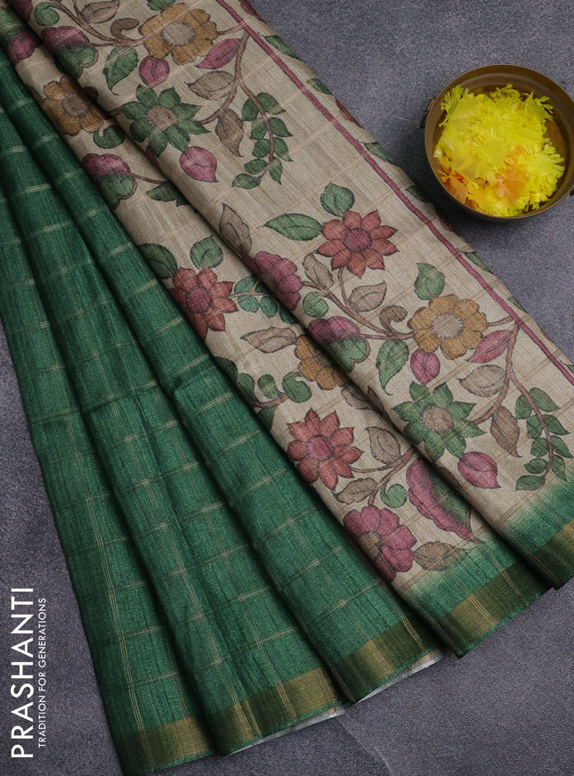 Semi tussar saree green and beige with allover zari checked pattern and kalamkari printed pallu