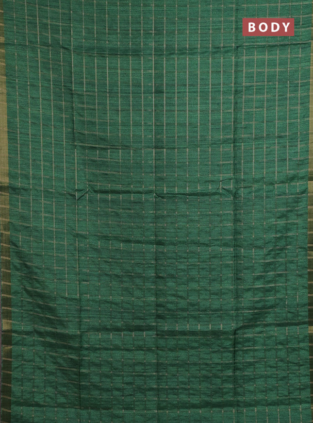 Semi tussar saree green and beige with allover zari checked pattern and kalamkari printed pallu